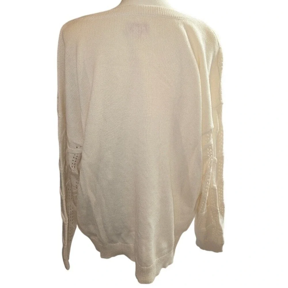 EVRI 1X V-Neck Pointelle Fringe Knit Sweater Womens‎ Cream Boho Cottagecore